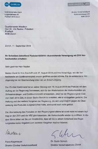 Antwort von VBZ und ZVV vom 11. September 2019
