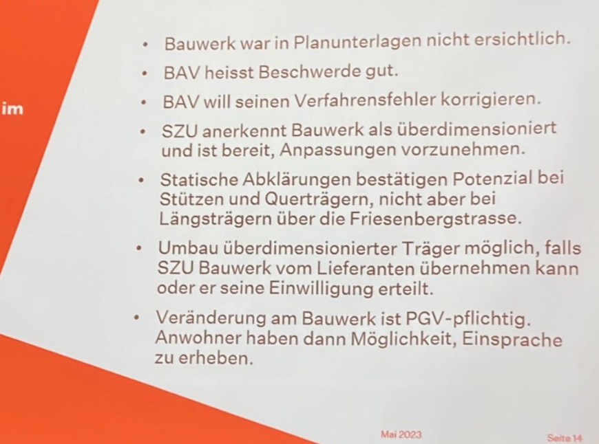 BAV und SZU üben sich in Selbstkritik – Folie an der Anwohnerveranstaltung vom 10. Mai 2023 im Kirchgemeindehaus Bühl