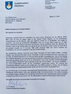 Brief des Quartiervereins an das städtische Bestattungs- und Friedhofamt vom 9.11.2018.