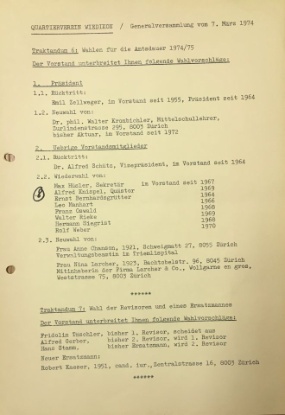 Wahlvorschlag für die Generalversammlung des Quartiervereins vom 7. März 1974 mit neu zwei Frauen.