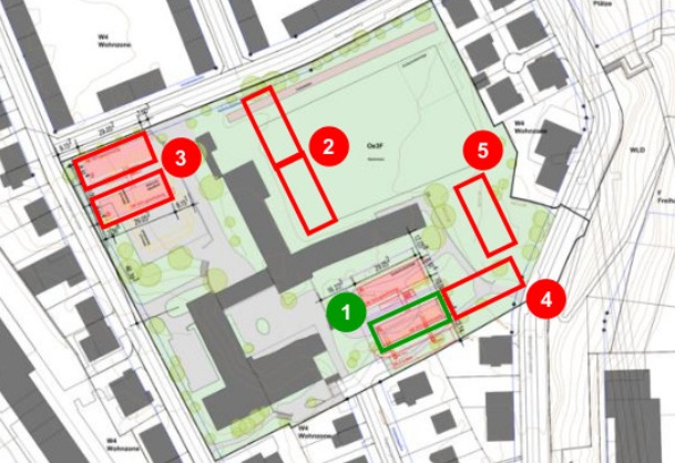 Grundrissplan IMMO Zürich mit dem favorisierten Standort (grün) in der Schulanlage Rebhügel