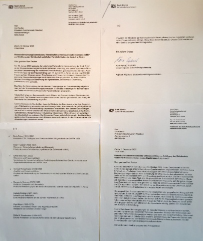 Briefe von Stadträtin Karin Rykart an den Quartierverein vom 6. Oktober und 3. Dezember 2020
