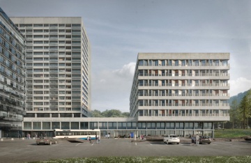 Visualisierung der 2025 fertiggebauten Reha-Klinik Triemli (rechts). Links der alte Triemli-Turm