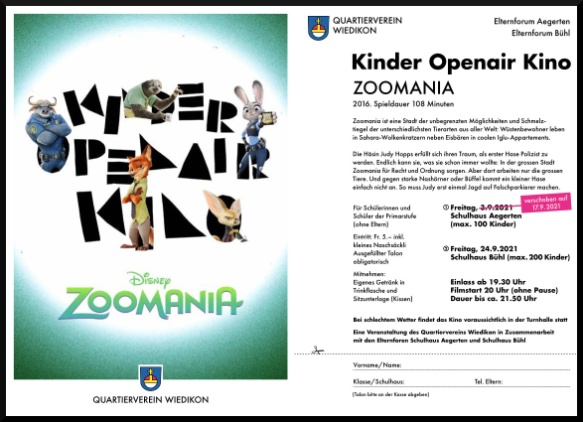 Flyer zum Kinder Openair Kino «Zoomania» 