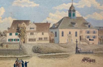 1799 befand sich die Wiediker Schule im Bethaus (rechter Teil) an der Schlossgasse