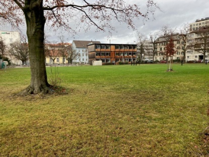Aegertenwiese 100 Jahre später, von der Manessestrasse aus gesehen. Im Hintergrund: Turnhalle (gelb), Schulhaus (blau) und Züri-Modular-Pavillon (braun)