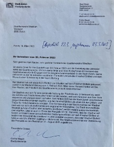 Brief von Stadtpräsidentin Corine Mauch vom 14. März 2023 an den Quartierverein Wiedikon