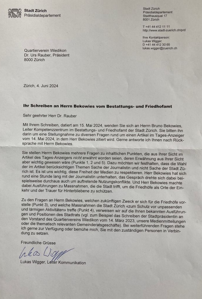 Brief von PRD-Kommunikationschef Lukas Wigger an Quartierverein vom 4. Juni 2024