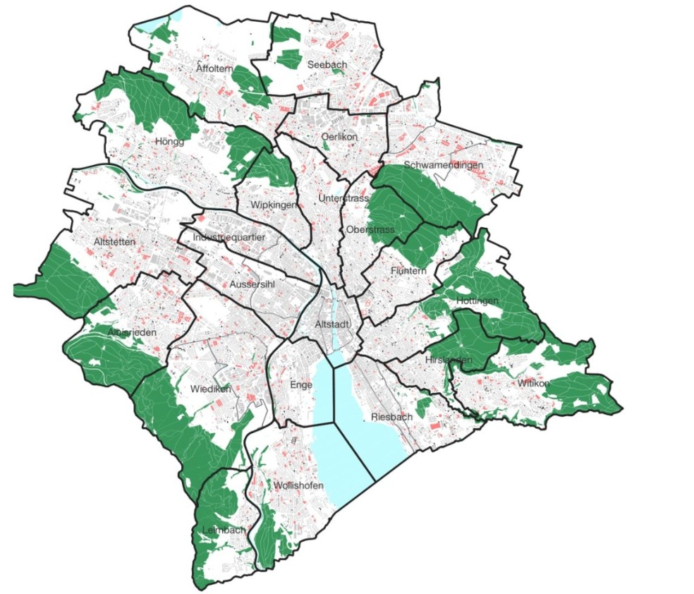 22 Stadtquartiere. Wiedikon entspricht dem Kreis 3: Alt-Wiedikon, Friesenberg und Sihlfeld