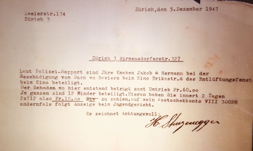 Bussenzettel für Hermis Bubenstreich im Kinosaal (1947