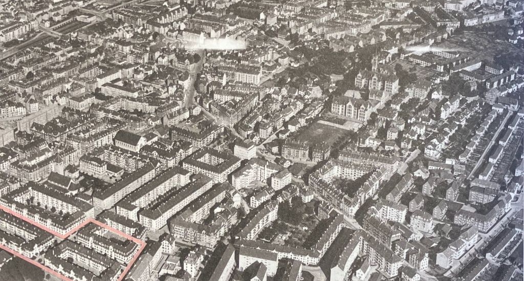 Wiedikon um 1930. Unten links die Berowisa-Siedlung (rosa umrahmt)